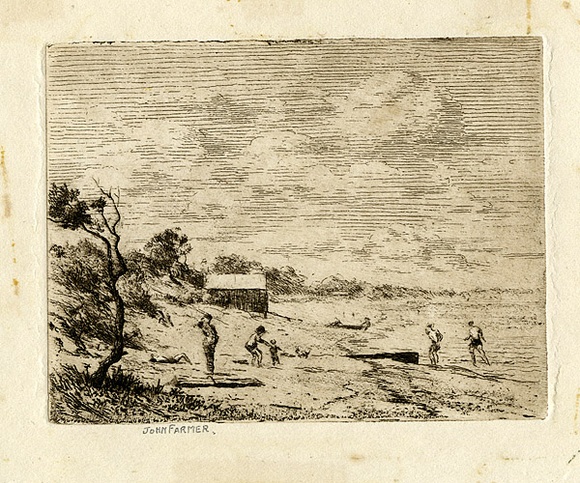 Artist: b'Farmer, John.' | Title: b'The beach at Frankston.' | Date: 1962 | Technique: b'etching, printed in brown ink with plate-tone, from one plate' Artist: b'Farmer, John.' | Title: b'The beach at Frankston.' | Date: 1962 | Technique: b'etching, printed in brown ink with plate-tone, from one plate'