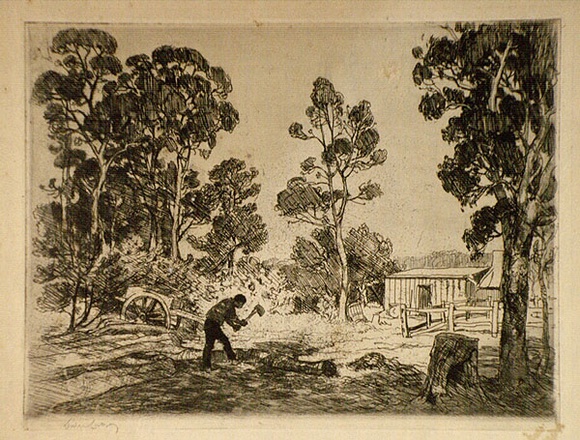 Artist: b'LINDSAY, Lionel' | Title: b'The settler.' | Date: 1913 | Technique: b'etching and aquatint, printed in warm black ink with plate-tone, from one plate' | Copyright: b'Courtesy of the National Library of Australia' Artist: b'LINDSAY, Lionel' | Title: b'The settler.' | Date: 1913 | Technique: b'etching and aquatint, printed in warm black ink with plate-tone, from one plate' | Copyright: b'Courtesy of the National Library of Australia'