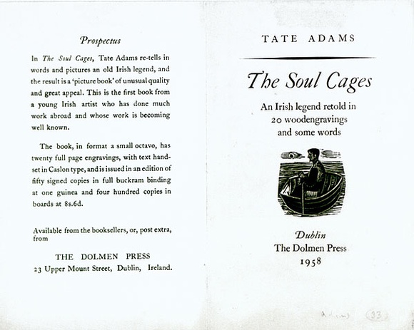 Artist: b'Adams, Tate.' | Title: b'Prospectus for The Soul Cages.' | Date: 1958 | Technique: b'wood-engraving and letterpress' Artist: b'Adams, Tate.' | Title: b'Prospectus for The Soul Cages.' | Date: 1958 | Technique: b'wood-engraving and letterpress'