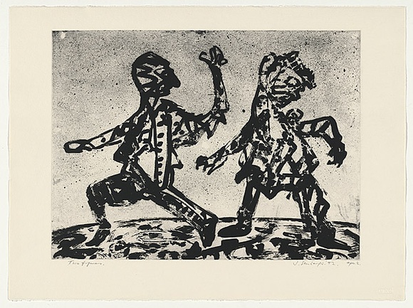 Artist: b'Senbergs, Jan.' | Title: b'Two figures' | Date: 1992 | Technique: b'lithograph, printed in black ink, from one stone' | Copyright: b'\xc2\xa9 Jan Senbergs' Artist: b'Senbergs, Jan.' | Title: b'Two figures' | Date: 1992 | Technique: b'lithograph, printed in black ink, from one stone' | Copyright: b'\xc2\xa9 Jan Senbergs'