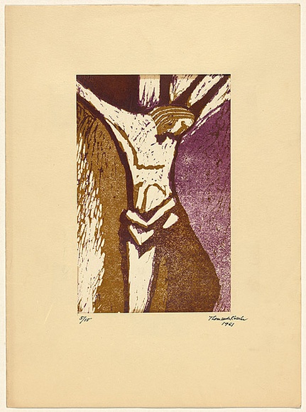 Artist: de Kesler, Thomas. | Title: not titled [Christ on the cross] | Date: about 1955 | Technique: linocut, printed in colour, from multiple blocks
