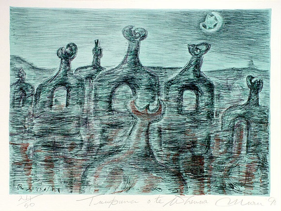 Artist: b'Muru, Selwyn.' | Title: b'Nga Tuupuna Ote Whenua' | Date: 1990 | Technique: b'lithograph, printed in colour, from multiple stones' Artist: b'Muru, Selwyn.' | Title: b'Nga Tuupuna Ote Whenua' | Date: 1990 | Technique: b'lithograph, printed in colour, from multiple stones'