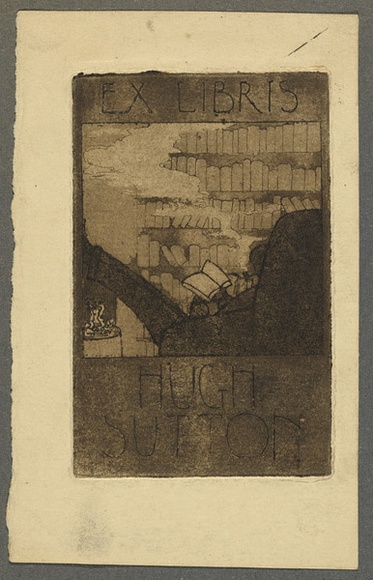 Artist: b'Coleman, Constance.' | Title: b'Bookplate: Hugh Sutton.' | Date: 1940s | Technique: b'etching and aquatint, printed in brown ink with plate-tone, from one plate' Artist: b'Coleman, Constance.' | Title: b'Bookplate: Hugh Sutton.' | Date: 1940s | Technique: b'etching and aquatint, printed in brown ink with plate-tone, from one plate'