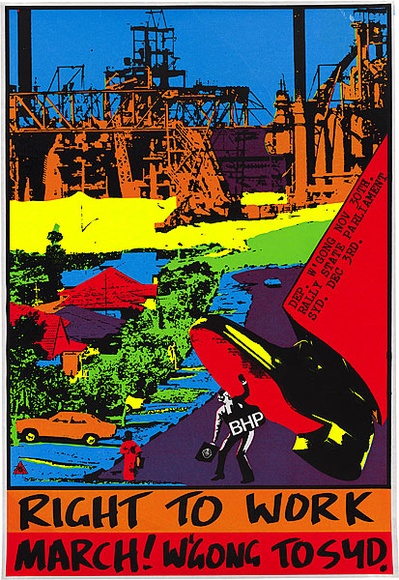 Artist: b'Cullen, Gregor.' | Title: bRight to work march! W'gong to Syd. | Date: 1982, before 30 November | Technique: b'screenprint, printed in colour, from four stencils' Artist: b'Cullen, Gregor.' | Title: bRight to work march! W'gong to Syd. | Date: 1982, before 30 November | Technique: b'screenprint, printed in colour, from four stencils'