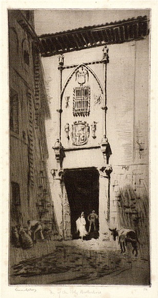 Artist: b'LINDSAY, Lionel' | Title: b'Inn of the Holy Brotherhood, Toledo' | Date: 1926 | Technique: b'drypoint, printed in brown ink with plate-tone, from one plate' | Copyright: b'Courtesy of the National Library of Australia' Artist: b'LINDSAY, Lionel' | Title: b'Inn of the Holy Brotherhood, Toledo' | Date: 1926 | Technique: b'drypoint, printed in brown ink with plate-tone, from one plate' | Copyright: b'Courtesy of the National Library of Australia'