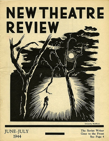 Title: b'New theatre review: June-July 1944' | Date: May 1944 | Technique: b'linocut, printed in black ink, from one block; letterpress text' Title: b'New theatre review: June-July 1944' | Date: May 1944 | Technique: b'linocut, printed in black ink, from one block; letterpress text'