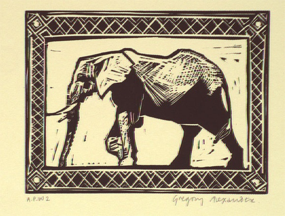 Artist: b'Alexander, Gregory.' | Title: b'Elephant' | Date: 1995, September | Technique: b'linocut, printed in black ink, from one block' Artist: b'Alexander, Gregory.' | Title: b'Elephant' | Date: 1995, September | Technique: b'linocut, printed in black ink, from one block'