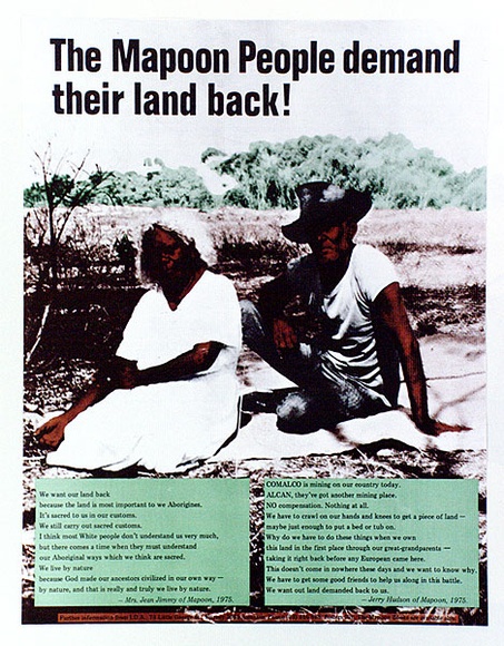 Artist: b'Bolzan, Rick.' | Title: b'The Mapoon people demand their land back!.' | Date: 1975 | Technique: b'offset-lithograph, printed in colour, from multiple plates' Artist: b'Bolzan, Rick.' | Title: b'The Mapoon people demand their land back!.' | Date: 1975 | Technique: b'offset-lithograph, printed in colour, from multiple plates'