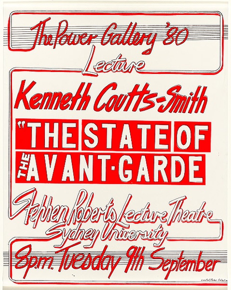 Artist: Lane, Leonie. | Title: The Power Gallery Lecture '80: Kenneth Coutts-Smith, 'The state of the avant-garde'. | Date: 1980 | Technique: screenprint, printed in colour, from two stencils | Copyright: © Leonie Lane