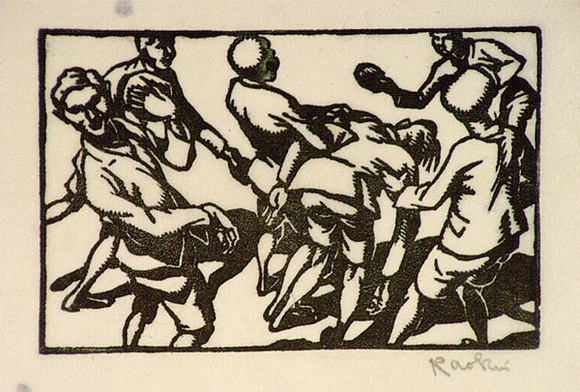 Artist: b'Hawkins, Weaver.' | Title: b'Fiesta' | Date: c.1930 | Technique: b'woodcut, printed in black ink, from one block' | Copyright: b'The Estate of H.F Weaver Hawkins' Artist: b'Hawkins, Weaver.' | Title: b'Fiesta' | Date: c.1930 | Technique: b'woodcut, printed in black ink, from one block' | Copyright: b'The Estate of H.F Weaver Hawkins'