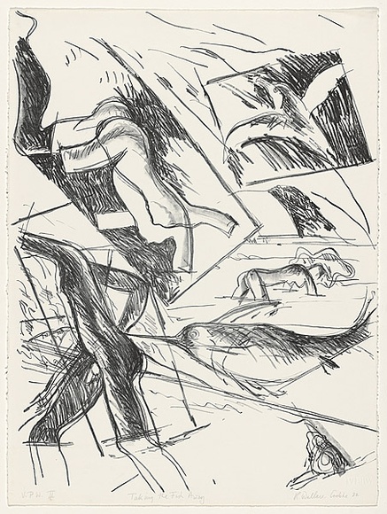 Artist: b'Wallace-Crabbe, Robin.' | Title: b'Taking the fish away' | Date: 1982 | Technique: b'lithograph, printed in black ink, from one stone' | Copyright: b'\xc2\xa9 Robin Wallace-Crabbe, Licensed by VISCOPY, Australia' Artist: b'Wallace-Crabbe, Robin.' | Title: b'Taking the fish away' | Date: 1982 | Technique: b'lithograph, printed in black ink, from one stone' | Copyright: b'\xc2\xa9 Robin Wallace-Crabbe, Licensed by VISCOPY, Australia'