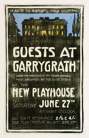 Artist: b'Derham, Frances.' | Title: bPoster; 'Guests at Garrygrath' New Playhouse, Melbourne. | Date: 1931 | Technique: b'linocut, printed in black ink, from one block; hand-coloured' Artist: b'Derham, Frances.' | Title: bPoster; 'Guests at Garrygrath' New Playhouse, Melbourne. | Date: 1931 | Technique: b'linocut, printed in black ink, from one block; hand-coloured'