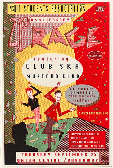 Artist: b'Stace, Glenn.' | Title: bNSWIT Students' Association 21st Anniversary Rage | Date: 1986 | Technique: b'screenprint, printed in colour, from five stencils' Artist: b'Stace, Glenn.' | Title: bNSWIT Students' Association 21st Anniversary Rage | Date: 1986 | Technique: b'screenprint, printed in colour, from five stencils'