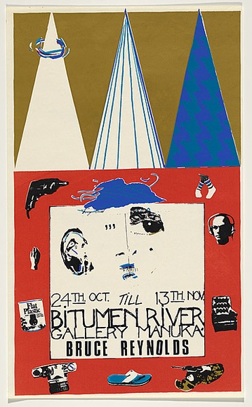 Artist: b'Reynolds, Bruce.' | Title: b'Bitumen River Gallery Manuka - Bruce Reynolds' | Date: 1981 | Technique: b'screenprint, printed in colour, from five stencils' Artist: b'Reynolds, Bruce.' | Title: b'Bitumen River Gallery Manuka - Bruce Reynolds' | Date: 1981 | Technique: b'screenprint, printed in colour, from five stencils'