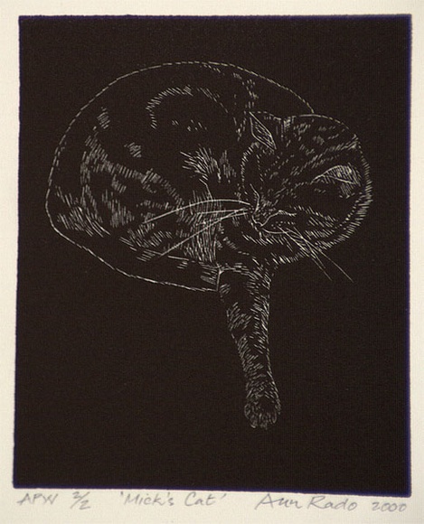 Artist: b'Rado, Ann.' | Title: bMick's cat | Date: 2000 | Technique: b'wood engraving, relief printed in black ink, from one block' Artist: b'Rado, Ann.' | Title: bMick's cat | Date: 2000 | Technique: b'wood engraving, relief printed in black ink, from one block'