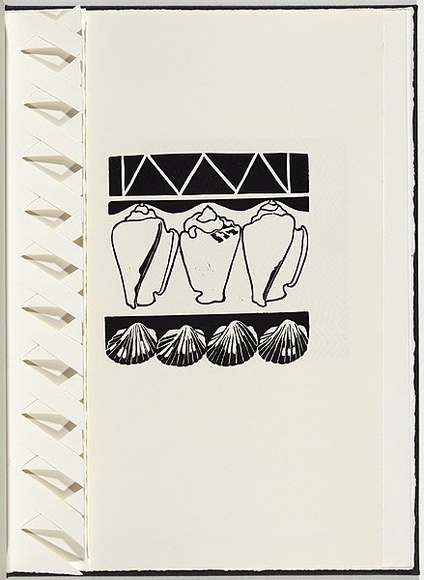 Artist: b'White, Robin.' | Title: b'Not titled (three shells above four shells).' | Date: 1985 | Technique: b'woodcut, printed in black ink, from one block' Artist: b'White, Robin.' | Title: b'Not titled (three shells above four shells).' | Date: 1985 | Technique: b'woodcut, printed in black ink, from one block'