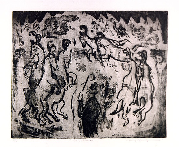 Artist: b'MACQUEEN, Mary' | Title: b'Circus horses' | Date: c.1963 | Technique: b'aquatint, sugar lift, open etch and softground, printed in black ink, from one plate' | Copyright: b'Courtesy Paulette Calhoun, for the estate of Mary Macqueen' Artist: b'MACQUEEN, Mary' | Title: b'Circus horses' | Date: c.1963 | Technique: b'aquatint, sugar lift, open etch and softground, printed in black ink, from one plate' | Copyright: b'Courtesy Paulette Calhoun, for the estate of Mary Macqueen'