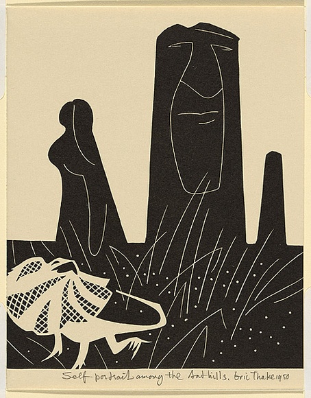 Artist: Thake, Eric. | Title: Greeting card: Christmas (Self-portrait amoung the Ant hills) | Date: 1950 | Technique: linocut, printed in black ink, from one block Artist: Thake, Eric. | Title: Greeting card: Christmas (Self-portrait amoung the Ant hills) | Date: 1950 | Technique: linocut, printed in black ink, from one block
