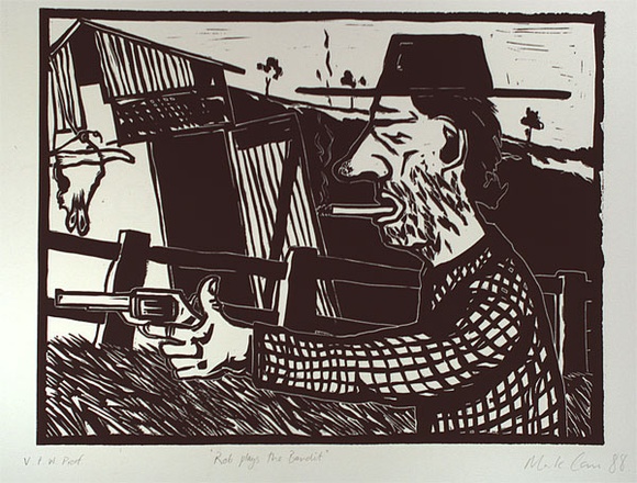 Artist: b'Carr, Mark.' | Title: b'Rob plays the bandit' | Date: 1988 | Technique: b'linocut, printed in black ink, from one block' Artist: b'Carr, Mark.' | Title: b'Rob plays the bandit' | Date: 1988 | Technique: b'linocut, printed in black ink, from one block'