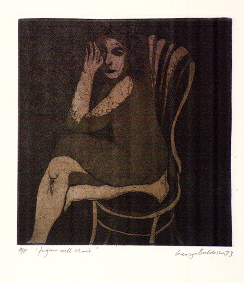 Artist: b'BALDESSIN, George' | Title: b'Figure with chair.' | Date: 1973 | Technique: b'etching and aquatint, printed in colour ink, from two plates.' Artist: b'BALDESSIN, George' | Title: b'Figure with chair.' | Date: 1973 | Technique: b'etching and aquatint, printed in colour ink, from two plates.'
