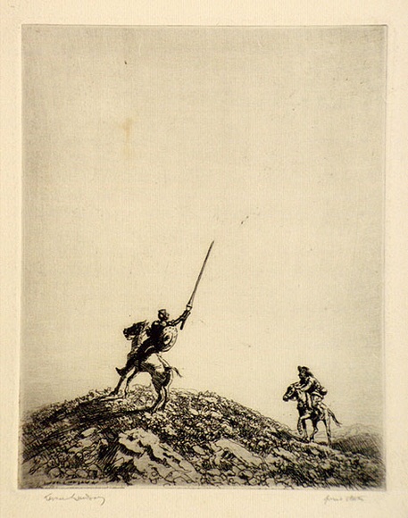 Artist: b'LINDSAY, Lionel' | Title: b'Don Quixote' | Date: 1922 | Technique: b'etching, printed in brown ink with plate-tone, from one plate' | Copyright: b'Courtesy of the National Library of Australia' Artist: b'LINDSAY, Lionel' | Title: b'Don Quixote' | Date: 1922 | Technique: b'etching, printed in brown ink with plate-tone, from one plate' | Copyright: b'Courtesy of the National Library of Australia'