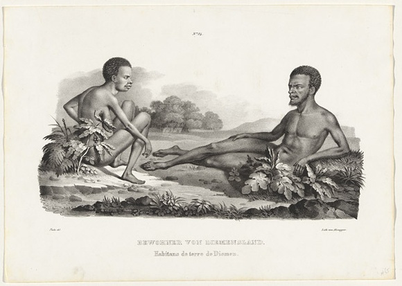 Title: b'Bewohner von Diemen Island. Habitans de terre de Diemen' | Date: c.1830? | Technique: b'lithograph, printed in black ink, from one stone [or plate]'