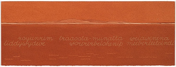 Artist: b'MADDOCK, Bea' | Title: b'Terra Spiritus...with a darker shade of pale' | Date: 1993-98 | Technique: b'stencil print, printed in hand-ground Launceston ochre from multiple hand-cut mylar stencils; letterpress text blind printed; hand-drawn script' Artist: b'MADDOCK, Bea' | Title: b'Terra Spiritus...with a darker shade of pale' | Date: 1993-98 | Technique: b'stencil print, printed in hand-ground Launceston ochre from multiple hand-cut mylar stencils; letterpress text blind printed; hand-drawn script'