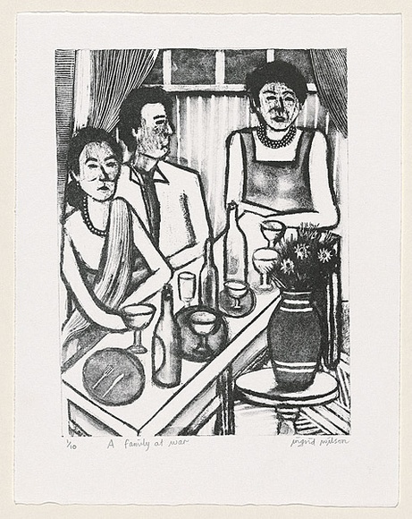 Artist: b'Wilson, Ingrid.' | Title: b'A family at war' | Date: 1999, October | Technique: b'lithograph, printed in black ink, from one plate' Artist: b'Wilson, Ingrid.' | Title: b'A family at war' | Date: 1999, October | Technique: b'lithograph, printed in black ink, from one plate'