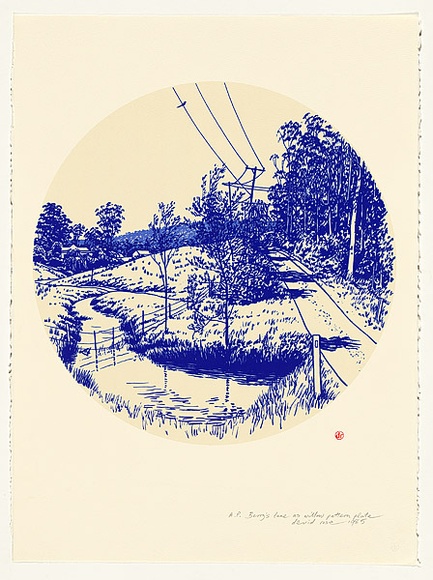 Artist: b'Rose, David.' | Title: bBerry's lane as willow pattern plate | Date: 1985 | Technique: b'screenprint, printed in colour, from multiple stencils' Artist: b'Rose, David.' | Title: bBerry's lane as willow pattern plate | Date: 1985 | Technique: b'screenprint, printed in colour, from multiple stencils'