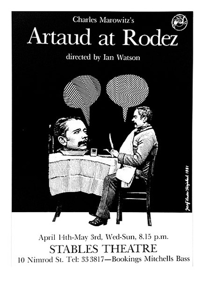 Artist: b'Stejskal, Josef Lada.' | Title: bCharles Marowitz's Artaud at Rodez, directed by Ian Watson ... Stables Theatre | Date: 1981 | Technique: b'offset-lithograph' Artist: b'Stejskal, Josef Lada.' | Title: bCharles Marowitz's Artaud at Rodez, directed by Ian Watson ... Stables Theatre | Date: 1981 | Technique: b'offset-lithograph'