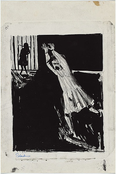 Artist: b'Blackman, Charles.' | Title: b'Fleeing schoolgirl.' | Date: 1953 | Technique: b'lithograph, printed in black ink, from one zinc plate' Artist: b'Blackman, Charles.' | Title: b'Fleeing schoolgirl.' | Date: 1953 | Technique: b'lithograph, printed in black ink, from one zinc plate'