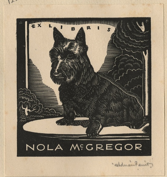 Artist: b'FEINT, Adrian' | Title: b'Bookplate: Nola McGregor.' | Date: (1933) | Technique: b'wood-engraving, printed in black ink, from one block' | Copyright: b'Courtesy the Estate of Adrian Feint' Artist: b'FEINT, Adrian' | Title: b'Bookplate: Nola McGregor.' | Date: (1933) | Technique: b'wood-engraving, printed in black ink, from one block' | Copyright: b'Courtesy the Estate of Adrian Feint'