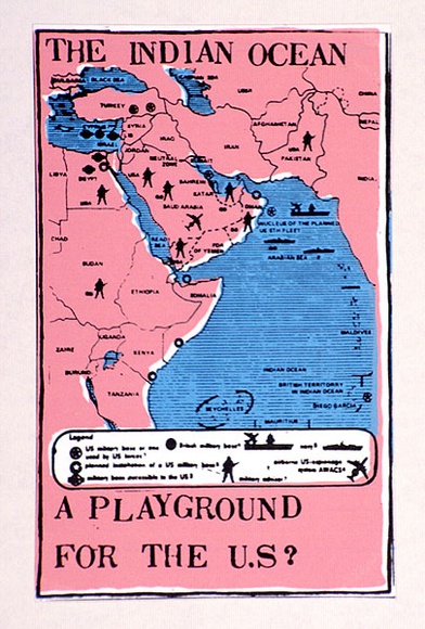 Artist: b'Jill Posters.' | Title: b'Postcard: The Indian ocean. A playground for the U.S?' | Date: 1984 | Technique: b'screenprint, printed in colour, from multiple stencils' Artist: b'Jill Posters.' | Title: b'Postcard: The Indian ocean. A playground for the U.S?' | Date: 1984 | Technique: b'screenprint, printed in colour, from multiple stencils'