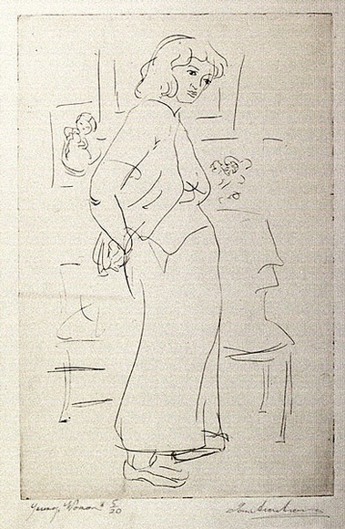 Artist: b'Armstrong, Ian.' | Title: b'Young woman.' | Date: 1955 | Technique: b'etching, printed in brown ink, from one plate' Artist: b'Armstrong, Ian.' | Title: b'Young woman.' | Date: 1955 | Technique: b'etching, printed in brown ink, from one plate'