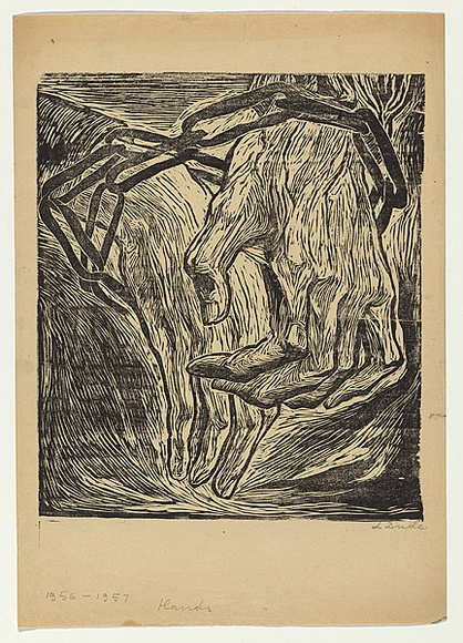 Artist: b'Groblicka, Lidia.' | Title: b'Hands' | Date: 1956-57 | Technique: b'woodcut, printed in black ink, from one block' Artist: b'Groblicka, Lidia.' | Title: b'Hands' | Date: 1956-57 | Technique: b'woodcut, printed in black ink, from one block'