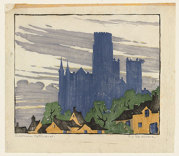 Artist: b'Spowers, Ethel.' | Title: b'Durham Cathedral' | Date: c.1924 | Technique: b'woodcut, printed in colour in the Japanese manner, from five blocks' Artist: b'Spowers, Ethel.' | Title: b'Durham Cathedral' | Date: c.1924 | Technique: b'woodcut, printed in colour in the Japanese manner, from five blocks'