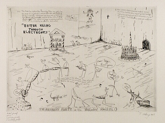 Artist: b'COLEING, Tony' | Title: b'The Birthday party or the misguided miussel.' | Date: 1983 | Technique: b'etching, printed in black ink, from one plate' Artist: b'COLEING, Tony' | Title: b'The Birthday party or the misguided miussel.' | Date: 1983 | Technique: b'etching, printed in black ink, from one plate'
