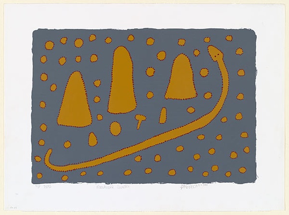Artist: b'Carlton, Paddy.' | Title: b'Moolaworr country' | Date: 1997, 11 August | Technique: b'screenprint, printed in colour, from multiple stencils' Artist: b'Carlton, Paddy.' | Title: b'Moolaworr country' | Date: 1997, 11 August | Technique: b'screenprint, printed in colour, from multiple stencils'
