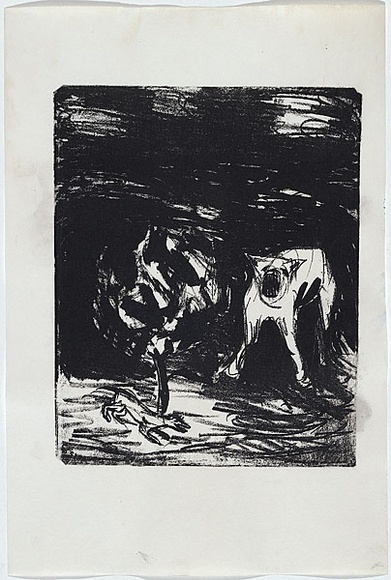 Artist: b'Whisson, Ken.' | Title: b'Hound of fear.' | Date: 1952-53 | Technique: b'lithograph, printed in black ink, from one zinc plate' Artist: b'Whisson, Ken.' | Title: b'Hound of fear.' | Date: 1952-53 | Technique: b'lithograph, printed in black ink, from one zinc plate'