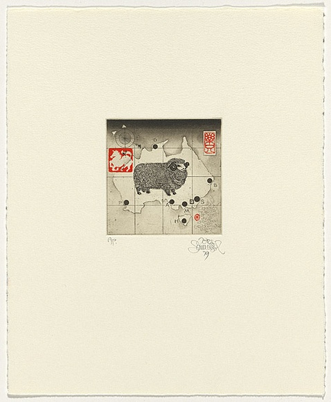 Artist: b'SCHMEISSER, Jorg' | Title: b'Greeting card: New year' | Date: 1979 | Technique: b'etching and aquatint, printed in black ink, from one plate on stamps' | Copyright: b'\xc2\xa9 J\xc3\xb6rg Schmeisser' Artist: b'SCHMEISSER, Jorg' | Title: b'Greeting card: New year' | Date: 1979 | Technique: b'etching and aquatint, printed in black ink, from one plate on stamps' | Copyright: b'\xc2\xa9 J\xc3\xb6rg Schmeisser'