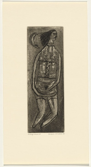 Artist: b'HANRAHAN, Barbara' | Title: b'Birdcage woman' | Date: 1960 | Technique: b'drypoint, aquatint, printed in black ink, from one plate' Artist: b'HANRAHAN, Barbara' | Title: b'Birdcage woman' | Date: 1960 | Technique: b'drypoint, aquatint, printed in black ink, from one plate'