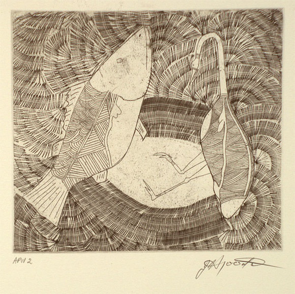 Artist: b'Nargoodah, John.' | Title: b'Brolga and barramundi' | Date: 1994, October - November | Technique: b'etching, printed in black ink, from one plate' Artist: b'Nargoodah, John.' | Title: b'Brolga and barramundi' | Date: 1994, October - November | Technique: b'etching, printed in black ink, from one plate'