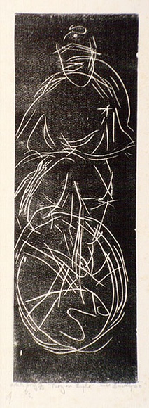 Artist: b'Buckley, Sue.' | Title: b'Boy on byke.' | Date: 1960 | Technique: b'linocut, printed in black ink, from one block' | Copyright: b'This work appears on screen courtesy of Sue Buckley and her sister Jean Hanrahan' Artist: b'Buckley, Sue.' | Title: b'Boy on byke.' | Date: 1960 | Technique: b'linocut, printed in black ink, from one block' | Copyright: b'This work appears on screen courtesy of Sue Buckley and her sister Jean Hanrahan'
