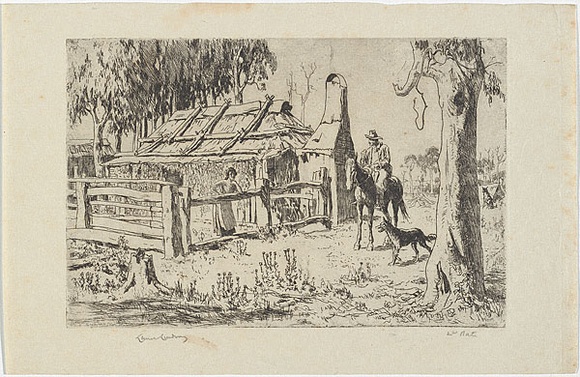 Artist: b'LINDSAY, Lionel' | Title: bThe Free Selector's daughter | Date: 1935 | Technique: b'etching, printed in black ink, from one plate' | Copyright: b'Courtesy of the National Library of Australia' Artist: b'LINDSAY, Lionel' | Title: bThe Free Selector's daughter | Date: 1935 | Technique: b'etching, printed in black ink, from one plate' | Copyright: b'Courtesy of the National Library of Australia'