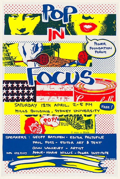 Artist: b'Debenham, Pam.' | Title: b'Pop in Focus.' | Date: 1985-86 | Technique: b'screenprint, printed in colour, from three stencils' Artist: b'Debenham, Pam.' | Title: b'Pop in Focus.' | Date: 1985-86 | Technique: b'screenprint, printed in colour, from three stencils'