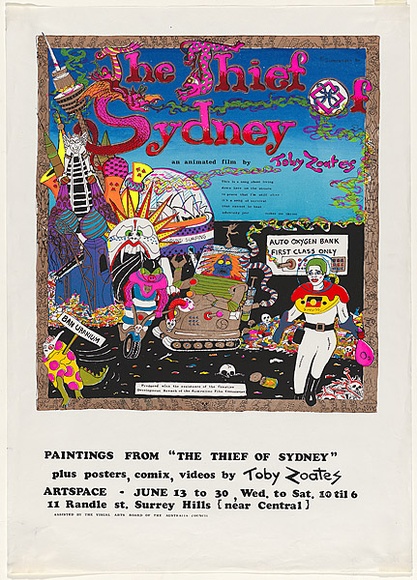 Artist: b'Zoates, Toby.' | Title: b'The Thief of Sydney an animated film by Toby Zoates.' | Date: 1984 | Technique: b'screenprint, printed in colour, from six stencils' Artist: b'Zoates, Toby.' | Title: b'The Thief of Sydney an animated film by Toby Zoates.' | Date: 1984 | Technique: b'screenprint, printed in colour, from six stencils'