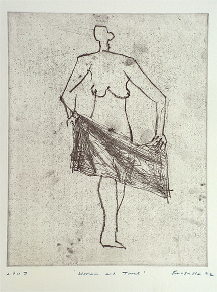 Artist: b'Fransella, Graham.' | Title: b'Woman and towel' | Date: 1992 | Technique: b'softground etching, printed in black ink, from one plate' | Copyright: b'Courtesy of the artist' Artist: b'Fransella, Graham.' | Title: b'Woman and towel' | Date: 1992 | Technique: b'softground etching, printed in black ink, from one plate' | Copyright: b'Courtesy of the artist'