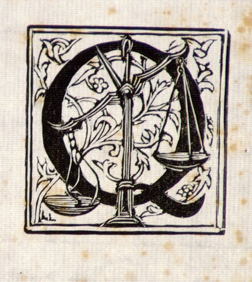 Artist: b'LINDSAY, Lionel' | Title: b'(Initial letter Q with scales)' | Date: 1950 | Technique: b'wood-engraving, printed in black ink, from one block' | Copyright: b'Courtesy of the National Library of Australia' Artist: b'LINDSAY, Lionel' | Title: b'(Initial letter Q with scales)' | Date: 1950 | Technique: b'wood-engraving, printed in black ink, from one block' | Copyright: b'Courtesy of the National Library of Australia'