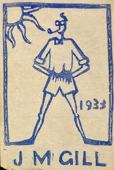 Artist: b'Gill, Justin.' | Title: b'Self-portrait' | Date: 1933 | Technique: b'linocut, printed in black ink, from one block, blue tint' Artist: b'Gill, Justin.' | Title: b'Self-portrait' | Date: 1933 | Technique: b'linocut, printed in black ink, from one block, blue tint'