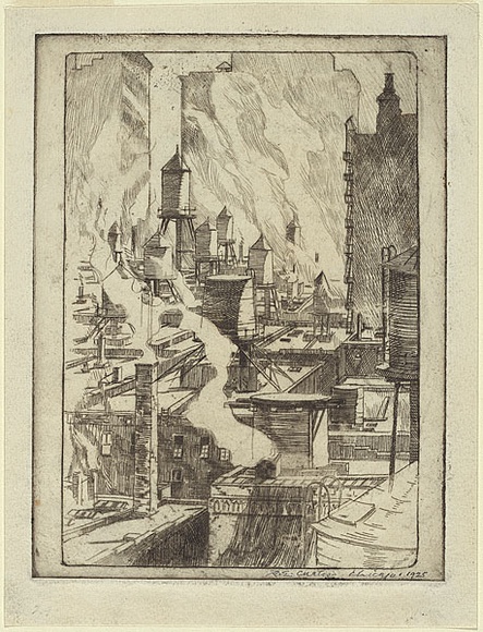 Artist: b'Curtis, Robert Emerson.' | Title: b'Chimneys and watertanks - Chicago rooftops.' | Date: 1925 | Technique: b'etching, printed in black ink, from one plate' Artist: b'Curtis, Robert Emerson.' | Title: b'Chimneys and watertanks - Chicago rooftops.' | Date: 1925 | Technique: b'etching, printed in black ink, from one plate'